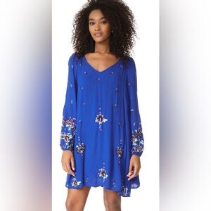 Free People Cobalt Blue Long Sleeve Floral Shift Dress